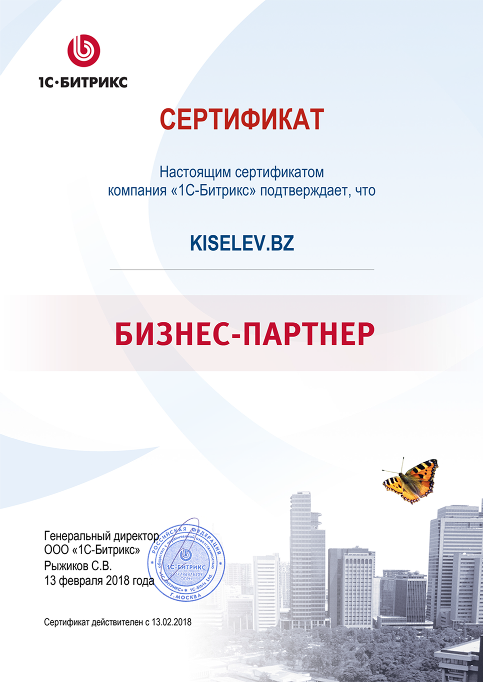 Сертификат партнёра по СРМ системам в Малоархангельске